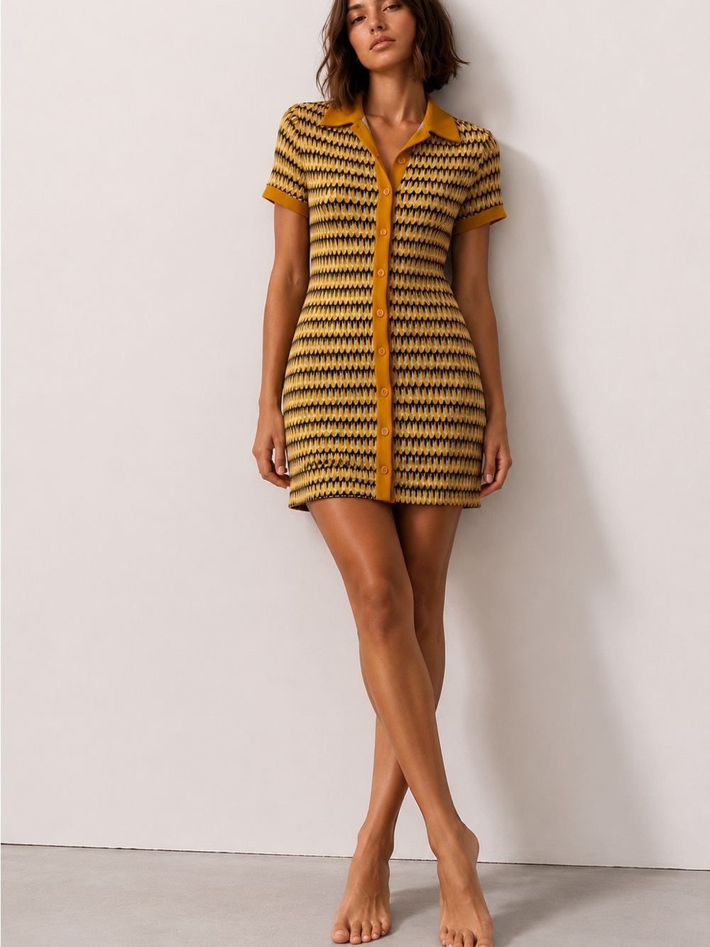 SHEIN Mustard and Black Chevron Polo-Knit Swim Coverup